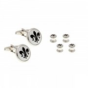 Set frakových a manžetových knoflíčků s motivem růže fleur de lys z černého onyxu uložené v kabochonu z perleti
